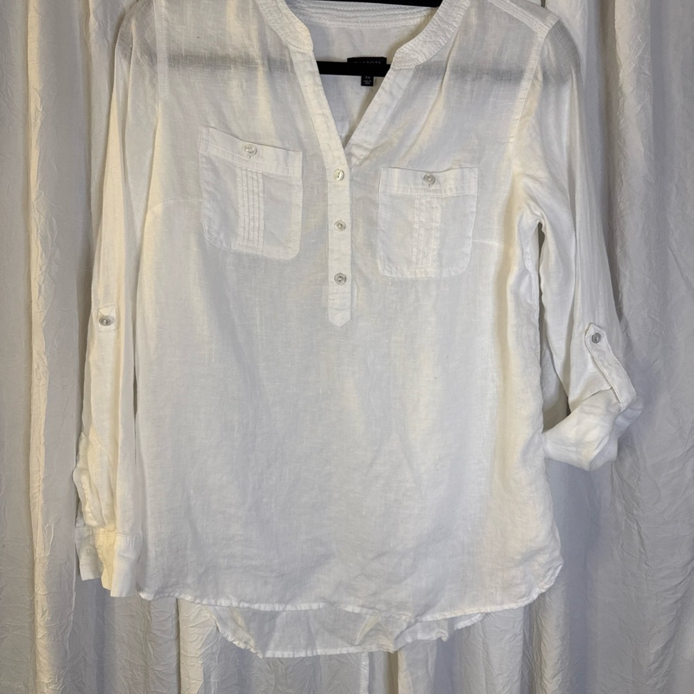 Talbots 100% LINEN Women's White 1/2 button up top